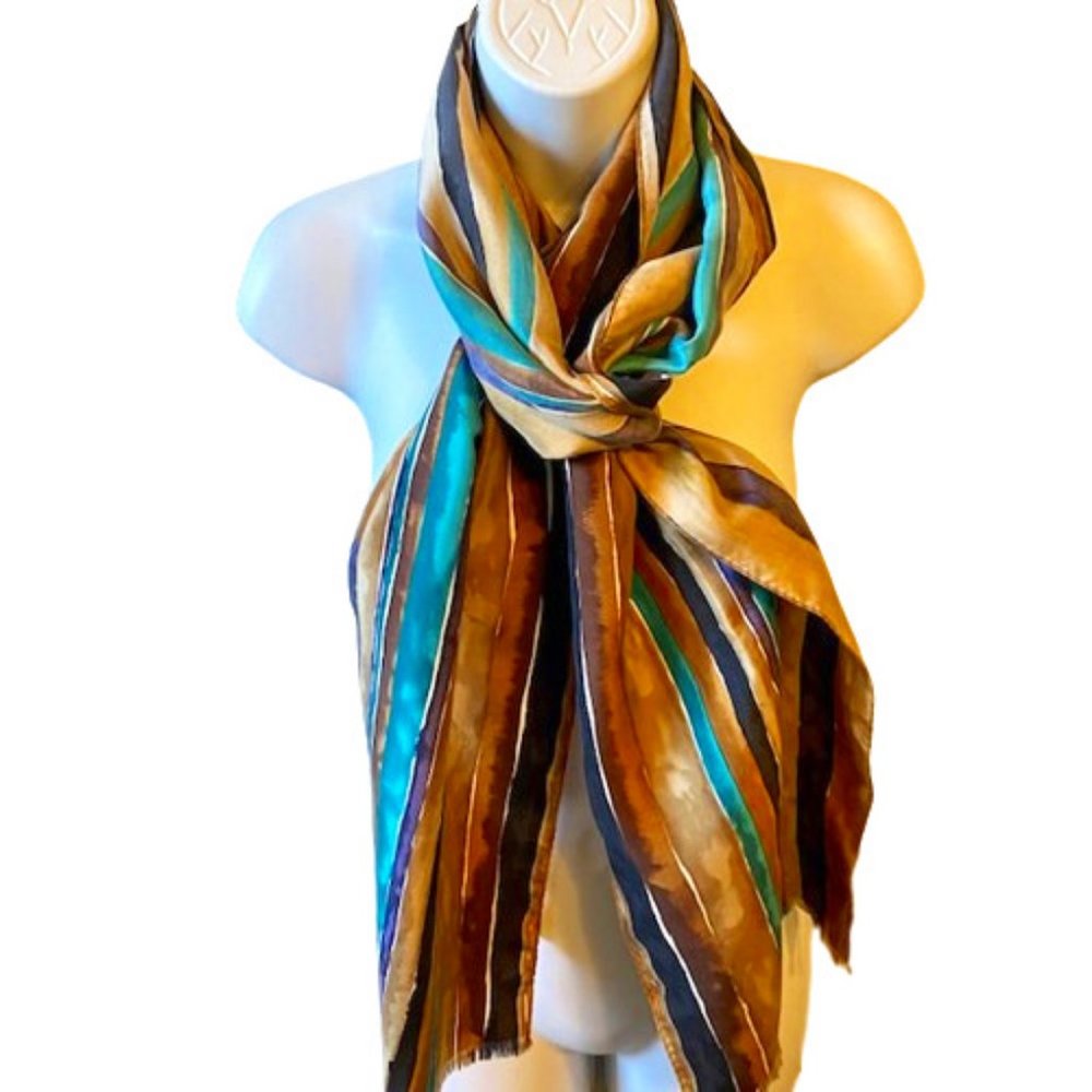 Silk Scarf Hand Painted Neurtal Colors Turquoise Purple Watercolor Stripe Long